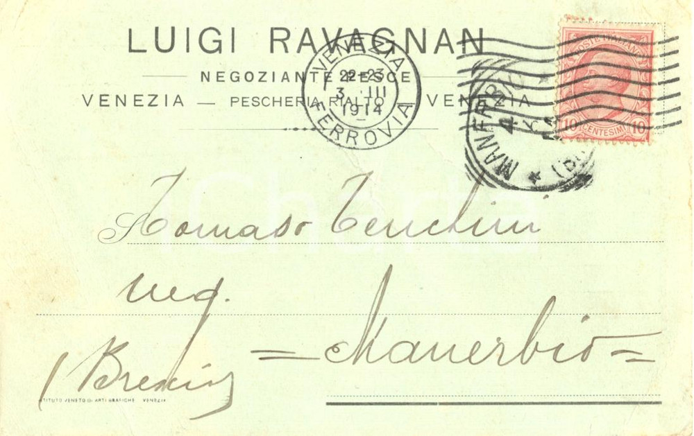 Cartolina originale da collezione 1914 VENEZIA Luigi RAVAGNAN negoziante pesce a RIALTO Cartolina commerciale 1