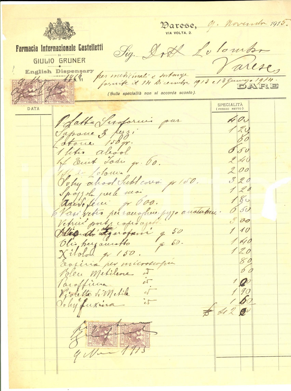 Documento originale, autentico 1915 VARESE  Conto Farmacia Internazionale CASTELLETTI di Giulio GRUNER 1