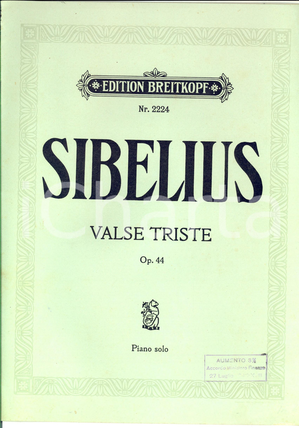 Oggetto da collezione cartaceo 1940 Jean SIBELIUS Valse triste  Pianoforte solo Ed. BREITKOPF LEIPZIG 1