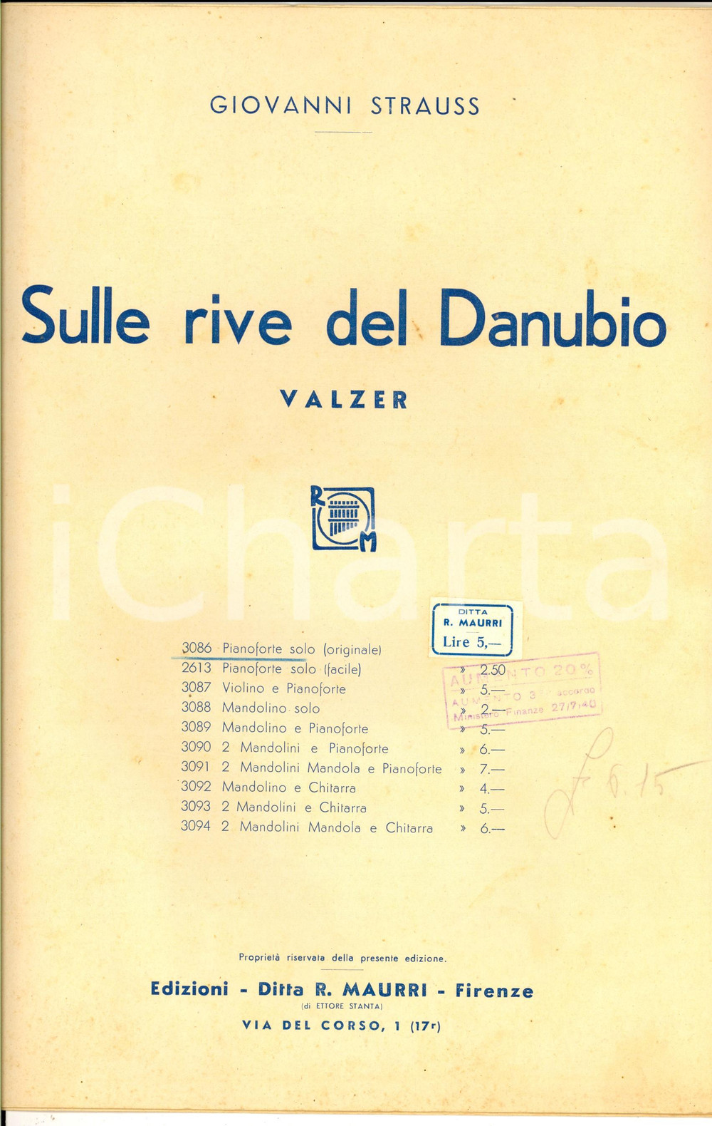Oggetto da collezione cartaceo 1940 ca Giovanni STRAUSS Sulle rive del Danubio  Valzer Ed. MAURRI FIRENZE 1