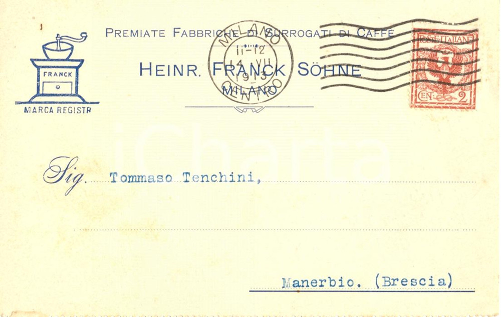 Cartolina originale da collezione 1913 MILANO Heinrich FRANCK SÃ¶hne produzione di caffÃ¨ Cartolina FP VG 1