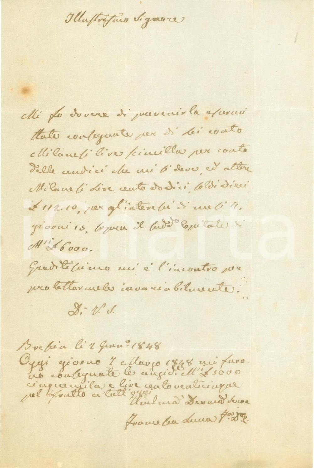 Documento originale, autentico 1848 BRESCIA Francesca LUCCA riceve interessi maturati su capitale Documenti 1