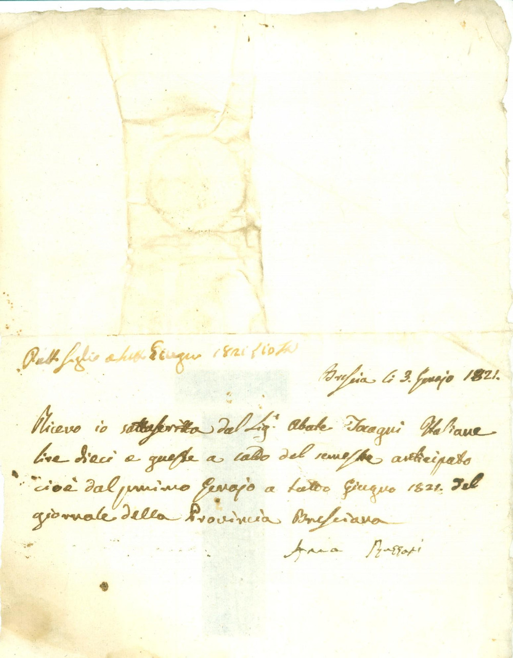 Documento originale, autentico 1821 BRESCIA Abate TOCCAGNI abbonato al Giornale della Provincia Bresciana 1