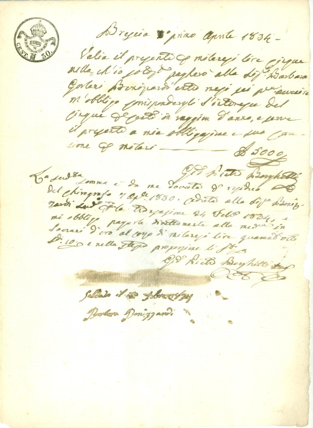 Documento originale, autentico 1834 BRESCIA Barbara GORLANI BONIZZARDI presta soldi a Giovanni Pietro BORGHETTI 1