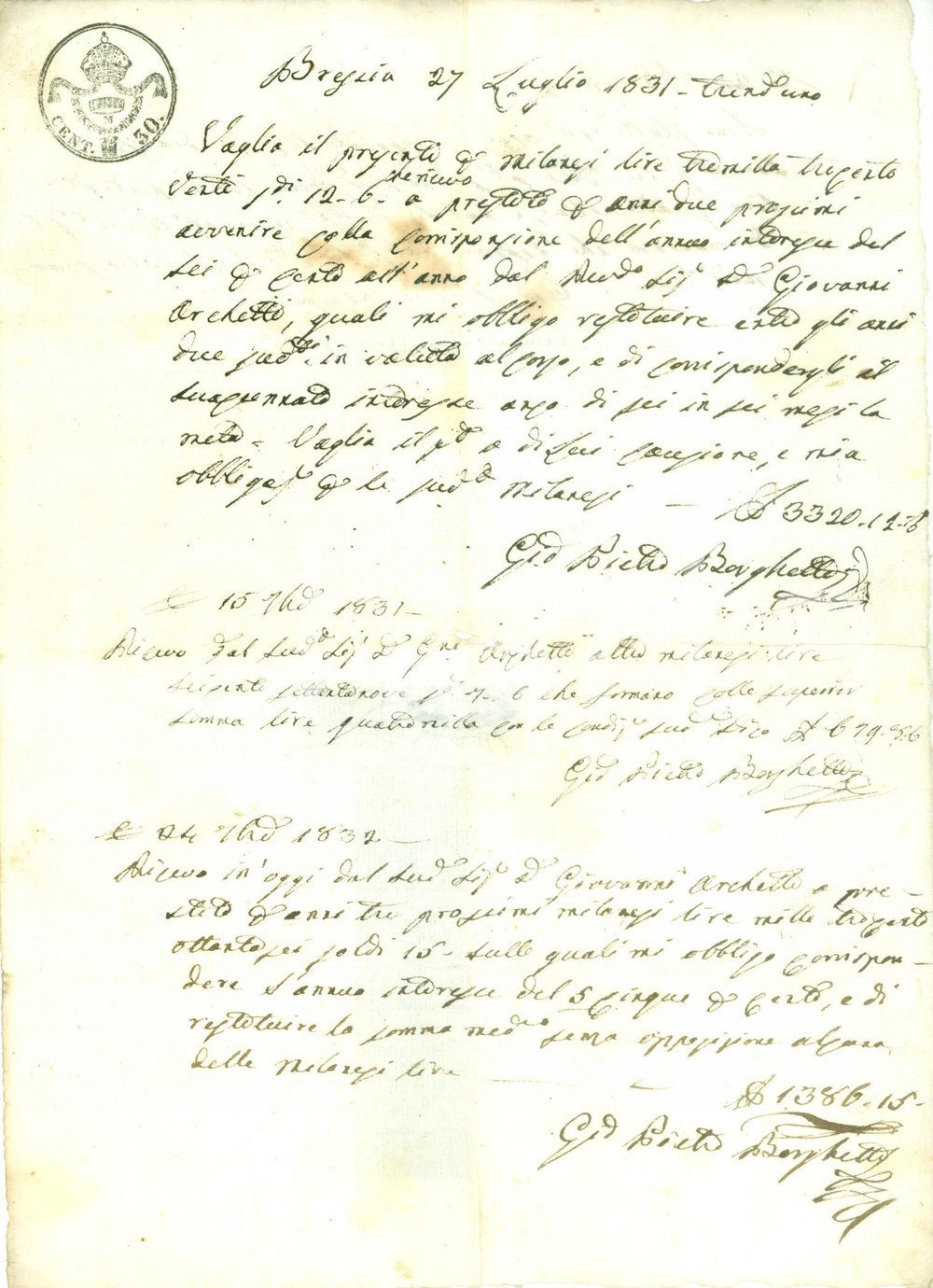 Documento originale, autentico 1831 BRESCIA Don Giovanni ARCHETTI presta denaro a Giovanni Pietro BORGHETTI 1