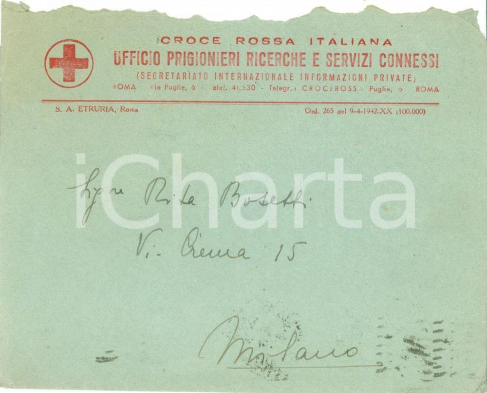 Documento originale, autentico 1942 CROCE ROSSA ITALIANA Ufficio Prigionieri Ricerche Busta priva di contenuto 1