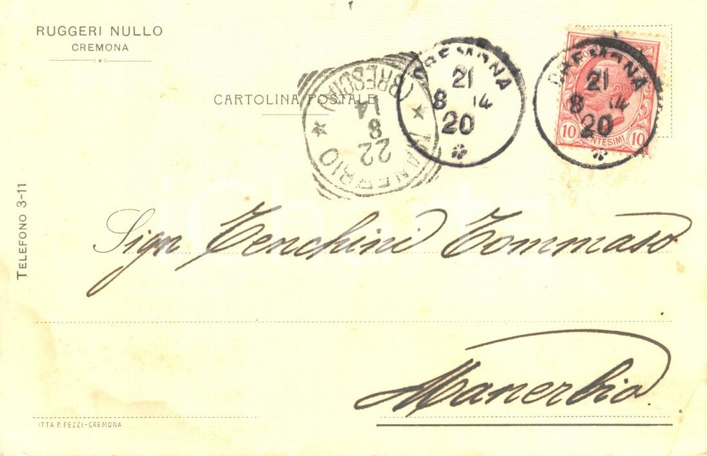 Cartolina originale da collezione 1914 CREMONA Ditta Nullo RUGGERI produzione di caffÃ¨ Cartolina commerciale FP VG 1
