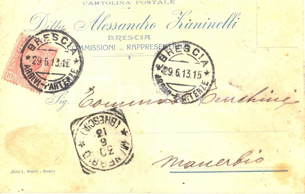 Cartolina originale da collezione 1913 BRESCIA Ditta Alessandro ZANINELLI rappresentanza  commissioni Cartolina 1