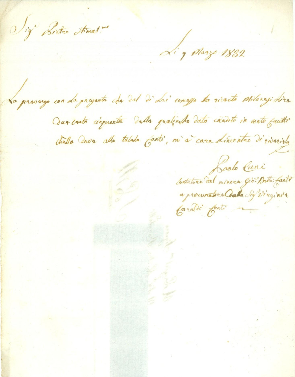 Documento originale, autentico 1832 BRESCIA Virgnia FEROLDI FANTI riceve interessi dote Giovanni Battista FANTI 1