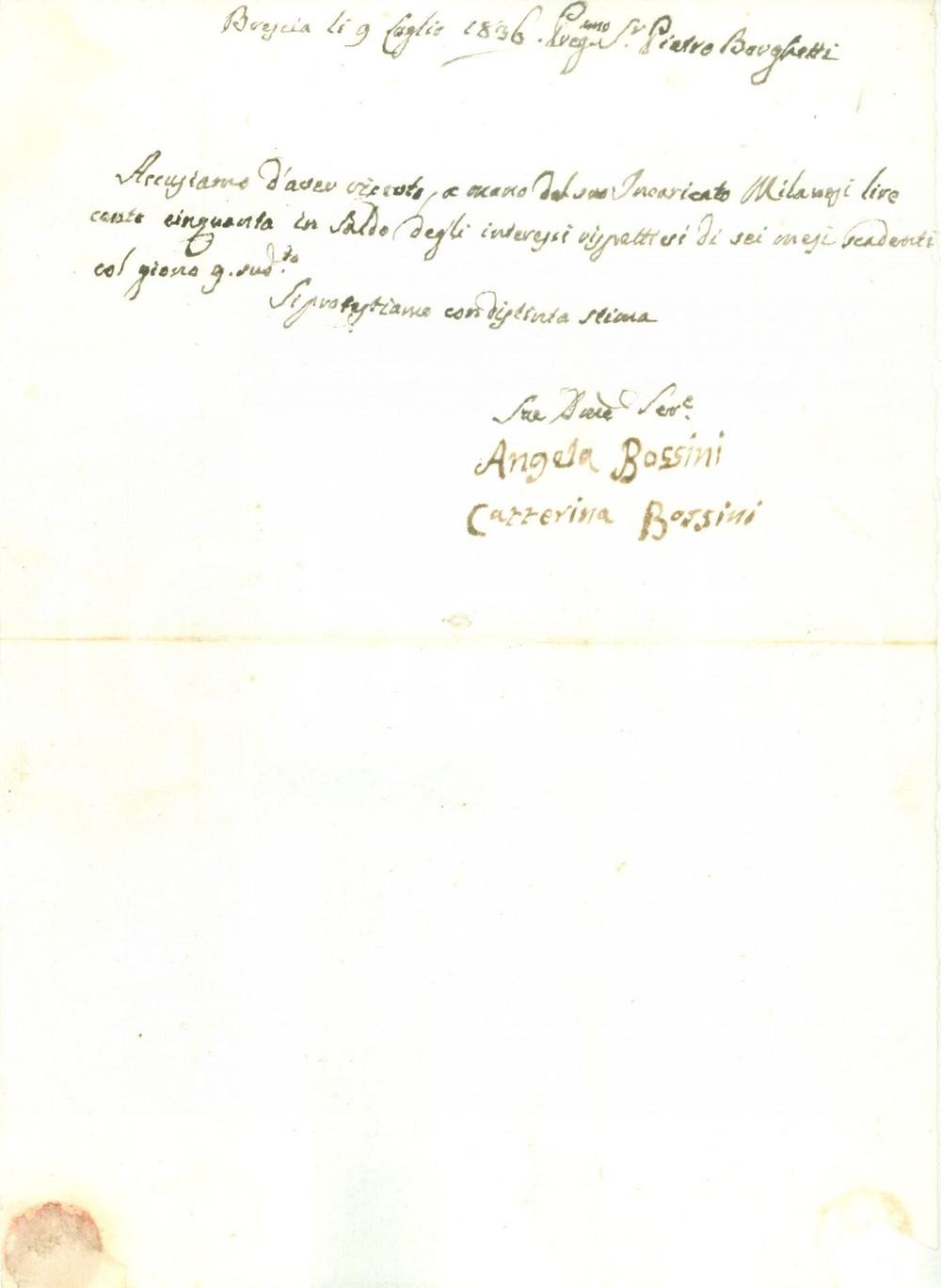 Documento originale, autentico 1836 BRESCIA Angela e Caterina BOSSINI ricevono interessi su capitale Documento 1