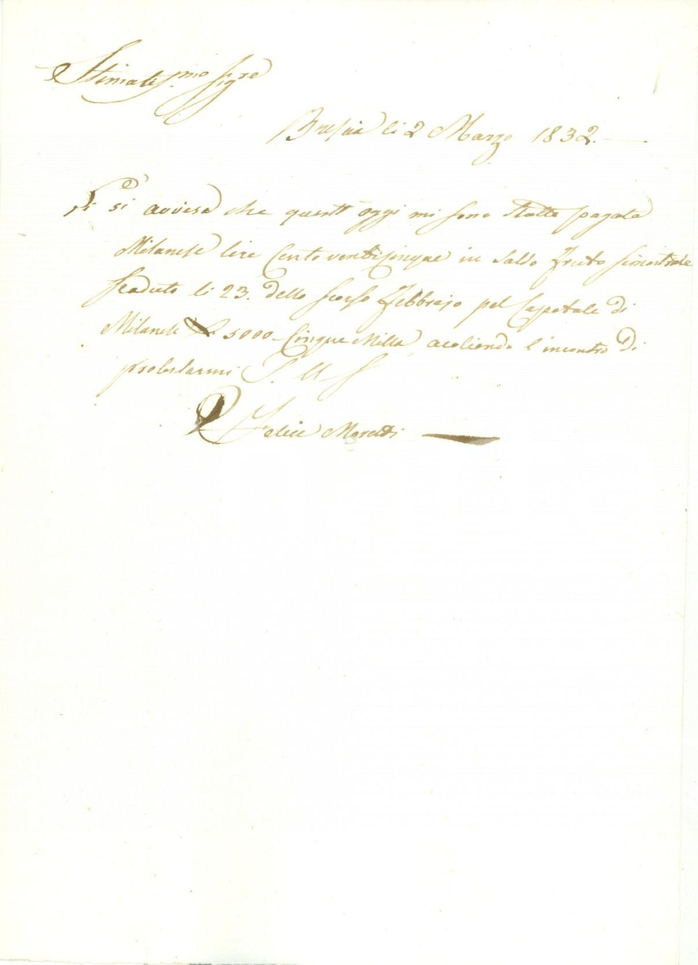 Documento originale, autentico 1832 BRESCIA Felice MORETTI riceve interessi su capitale Documento 1