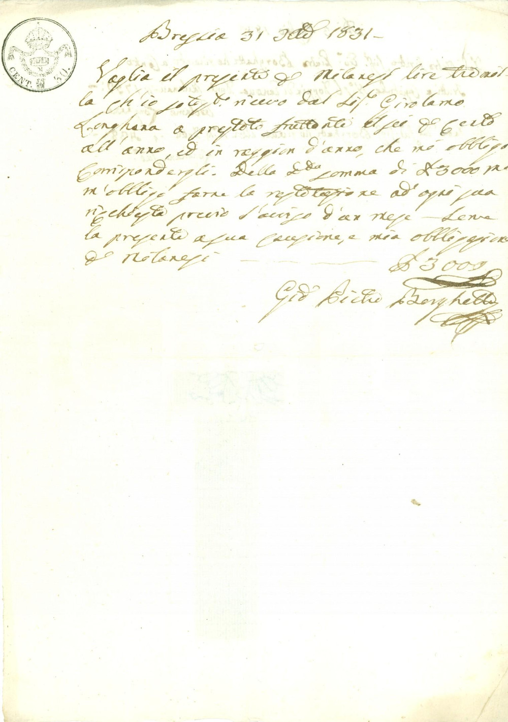 Documento originale, autentico 1831 BRESCIA Girolamo LONGHENA presta denaro a Giovanni Pietro BORGHETTI 1