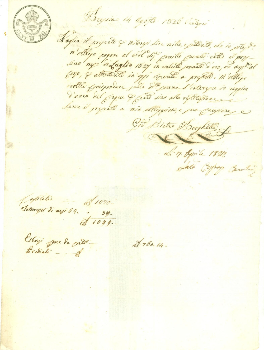 Documento originale, autentico 1827 BRESCIA Camillo CAVALLI presta denaro a Giovanni Pietro BORGHETTI Documento 1