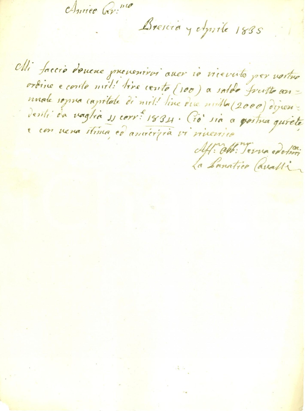Documento originale, autentico 1835 BRESCIA Signora CAVALLI riceve interessi maturati su capitale Documento 1