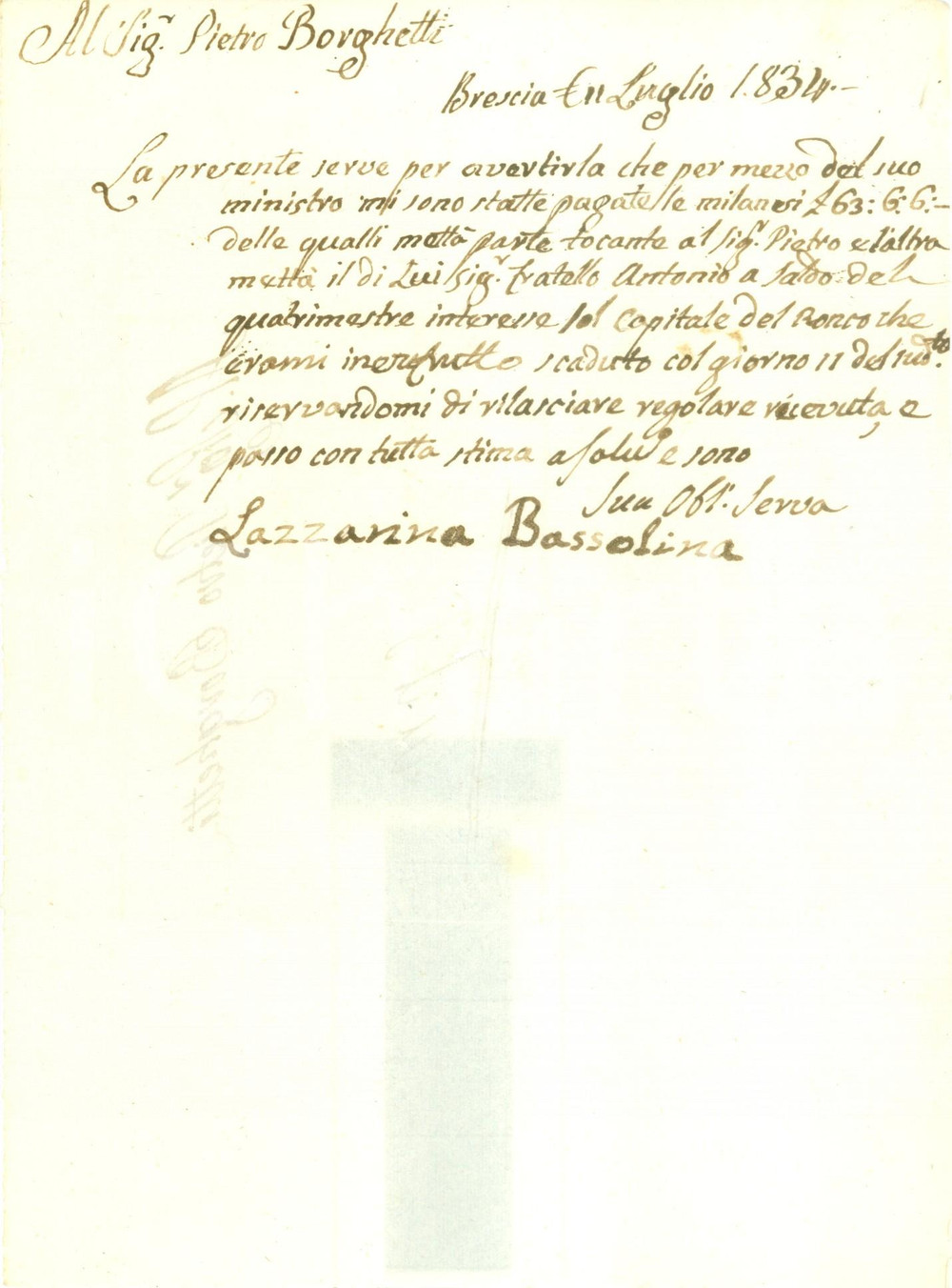 Documento originale, autentico 1834 BRESCIA Lazzarina BASSOLINI riceve interessi su capitale Documento 1