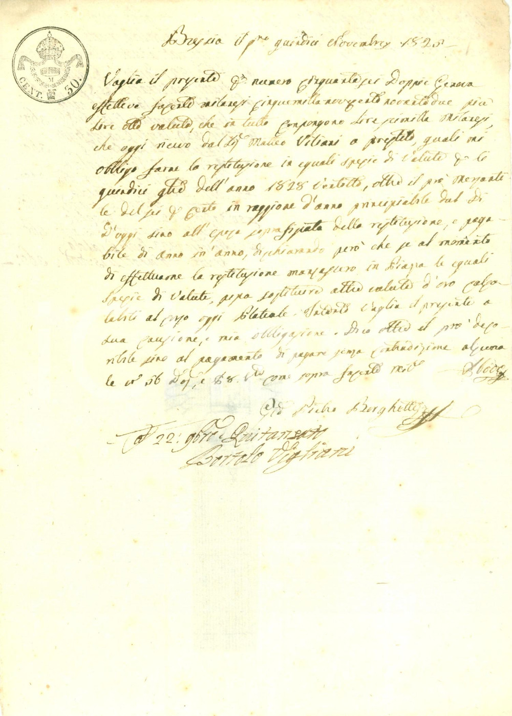 Documento originale, autentico 1825 BRESCIA Matteo VIGLIANI presta denaro a Giovanni Pietro BORGHETTI 1