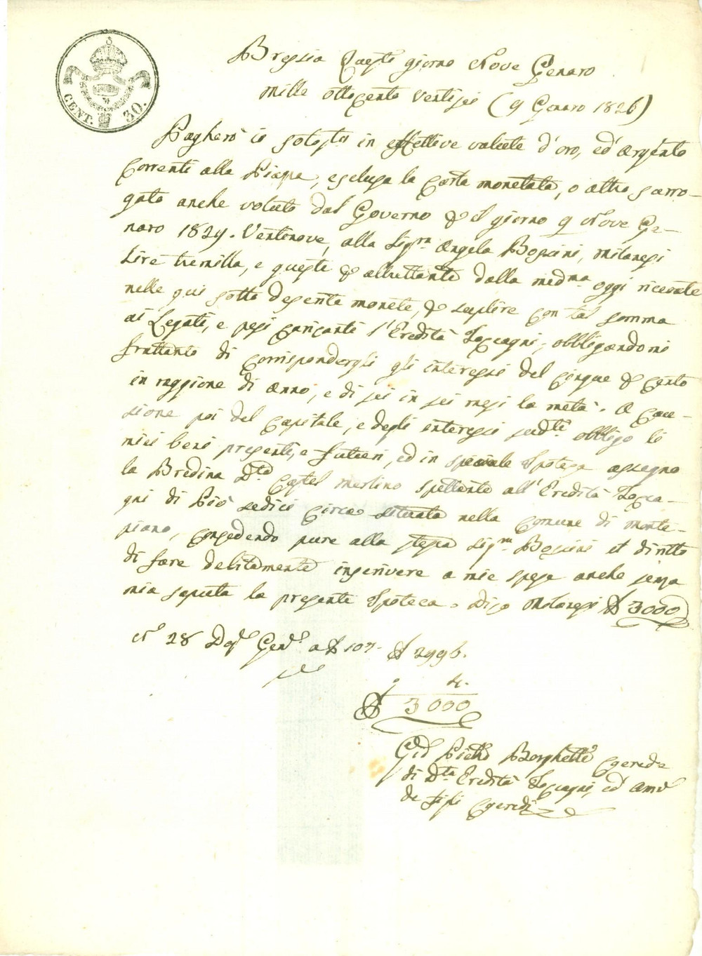 Documento originale, autentico 1826 BRESCIA Pietro BORGHETTI si impegna a saldare legati dell EreditÃ  TOCCAGNI 1