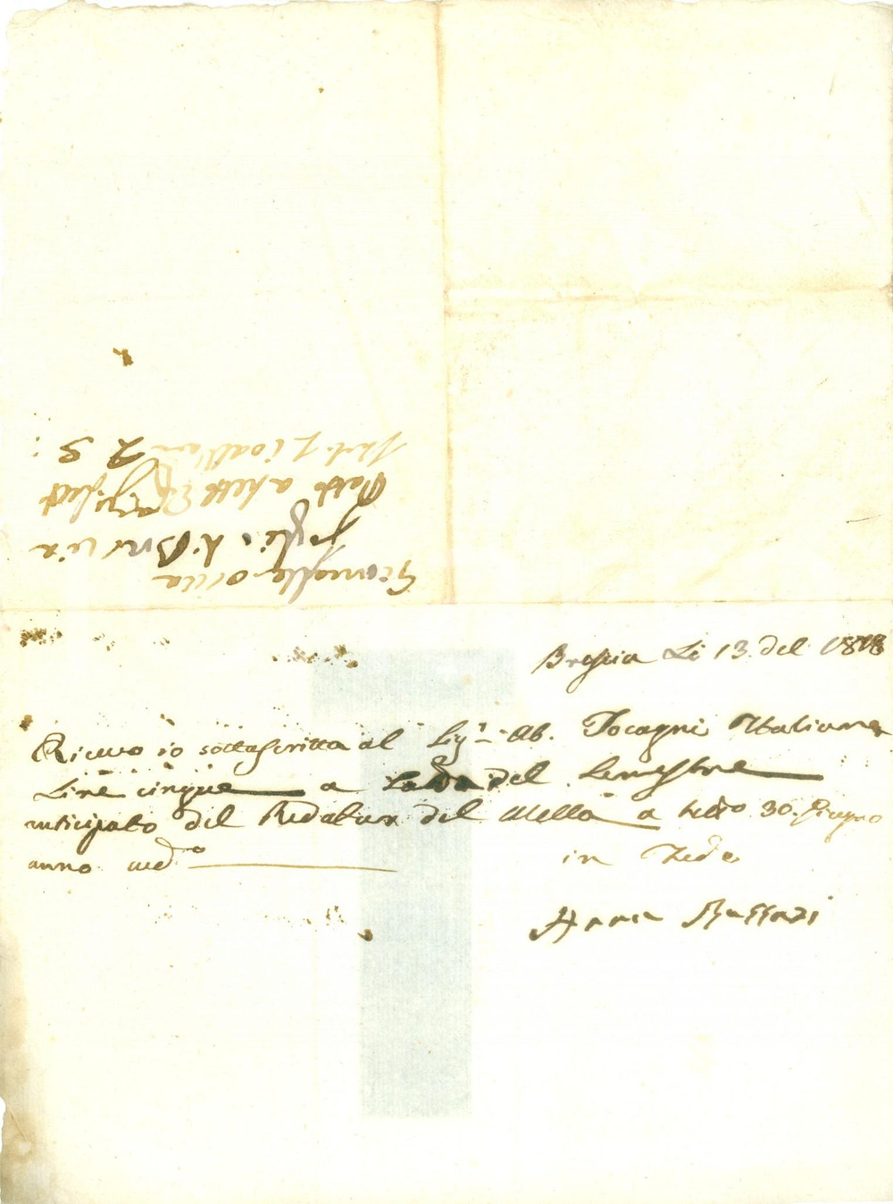 Documento originale, autentico 1818 BRESCIA Abate TOCCAGNI abbonato al Giornale della Provincia Bresciana 1
