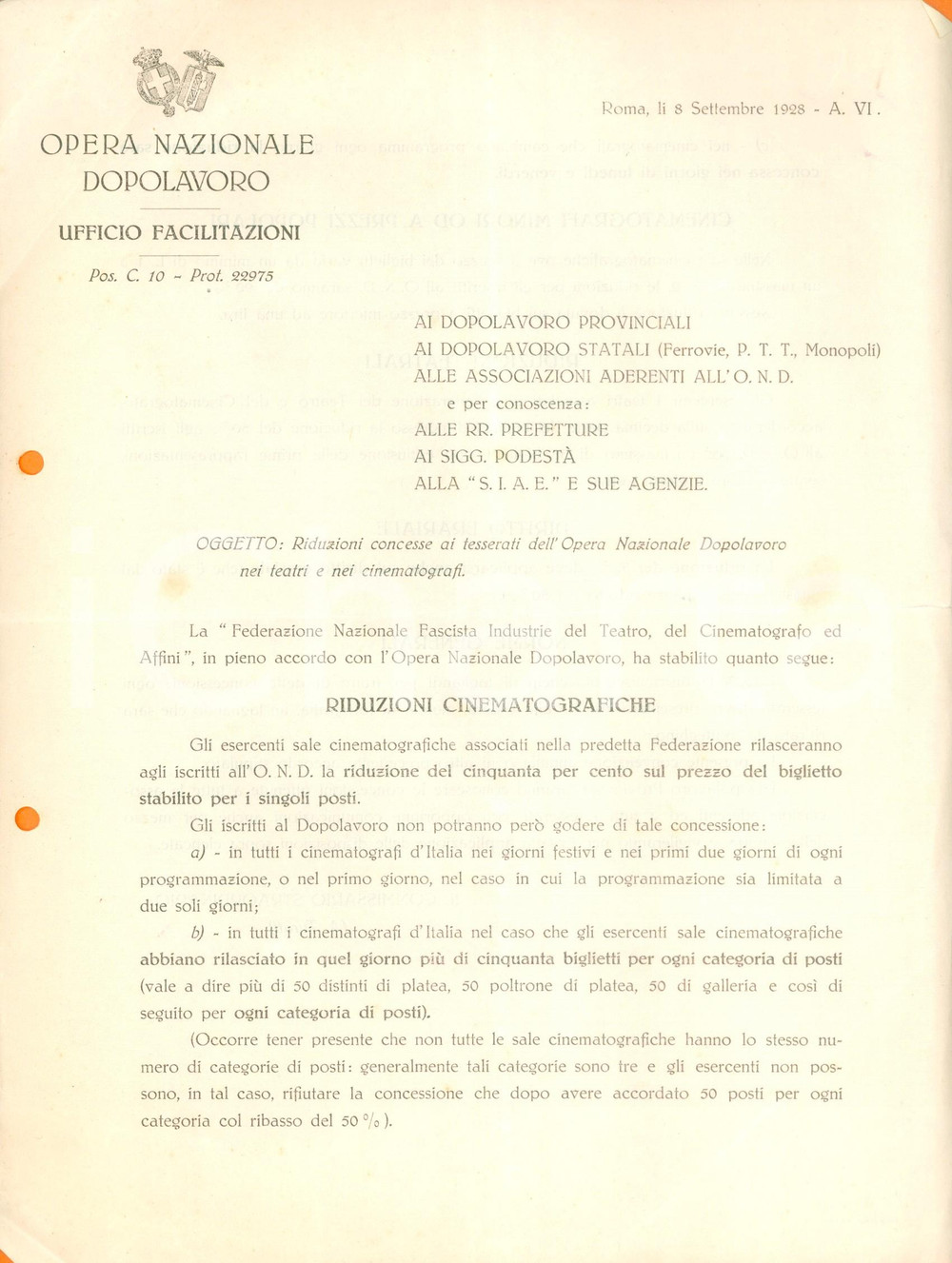 Documento originale, autentico 1928 ROMA Riduzioni cinematografiche per i tesserati Opera Nazionale Dopolavoro 1