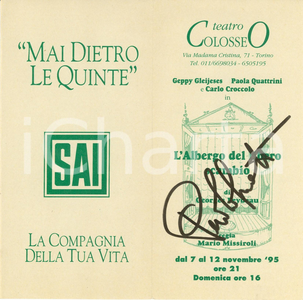 Autografo originale 1995 TORINO Teatro COLOSSEO Albergo del libero scambio Autografo Paola QUATTRINI 1