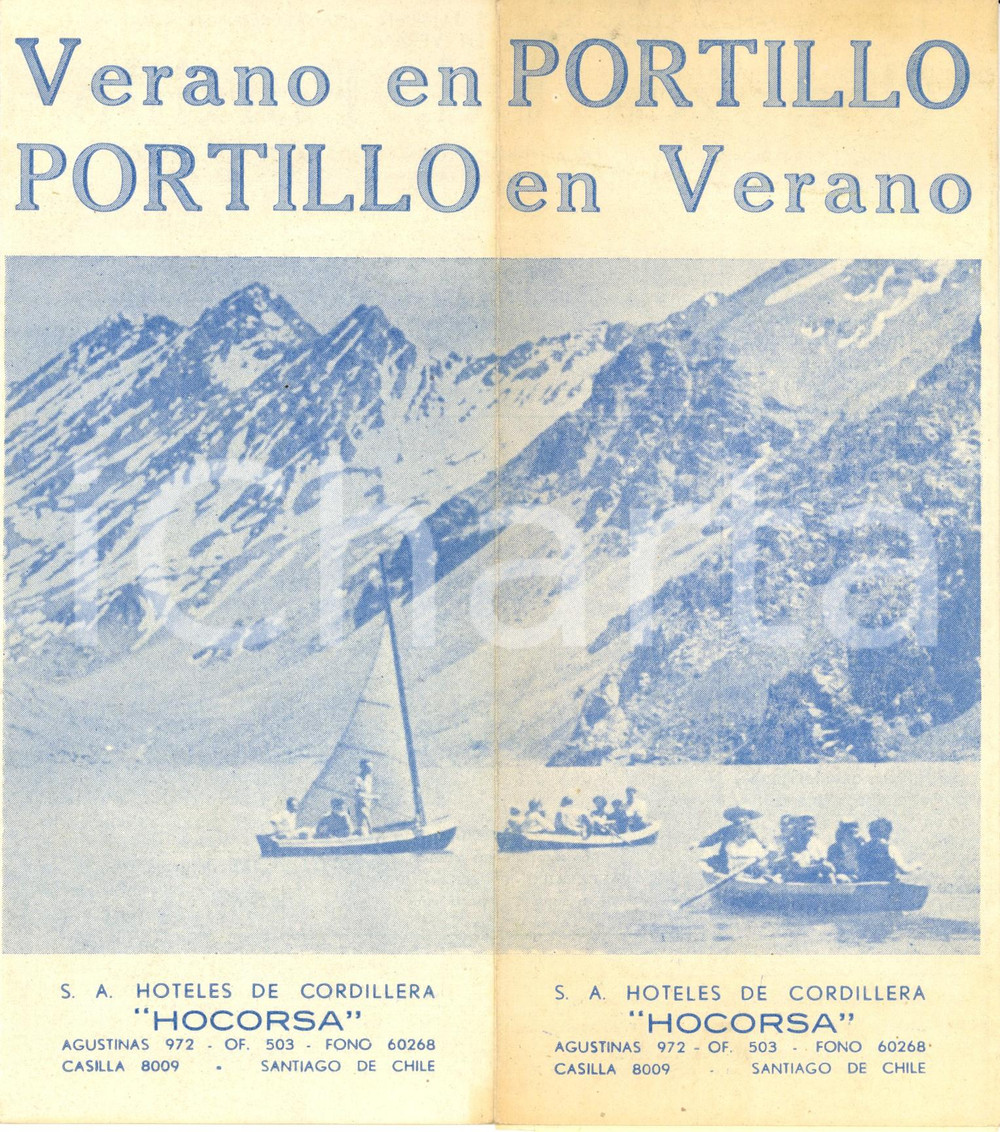 Materiale pubblicitario d’epoca 1950 CILE PORTILLO en verano Opuscolo ILLUSTRATO con mappa Hoteles HOCORSA 1