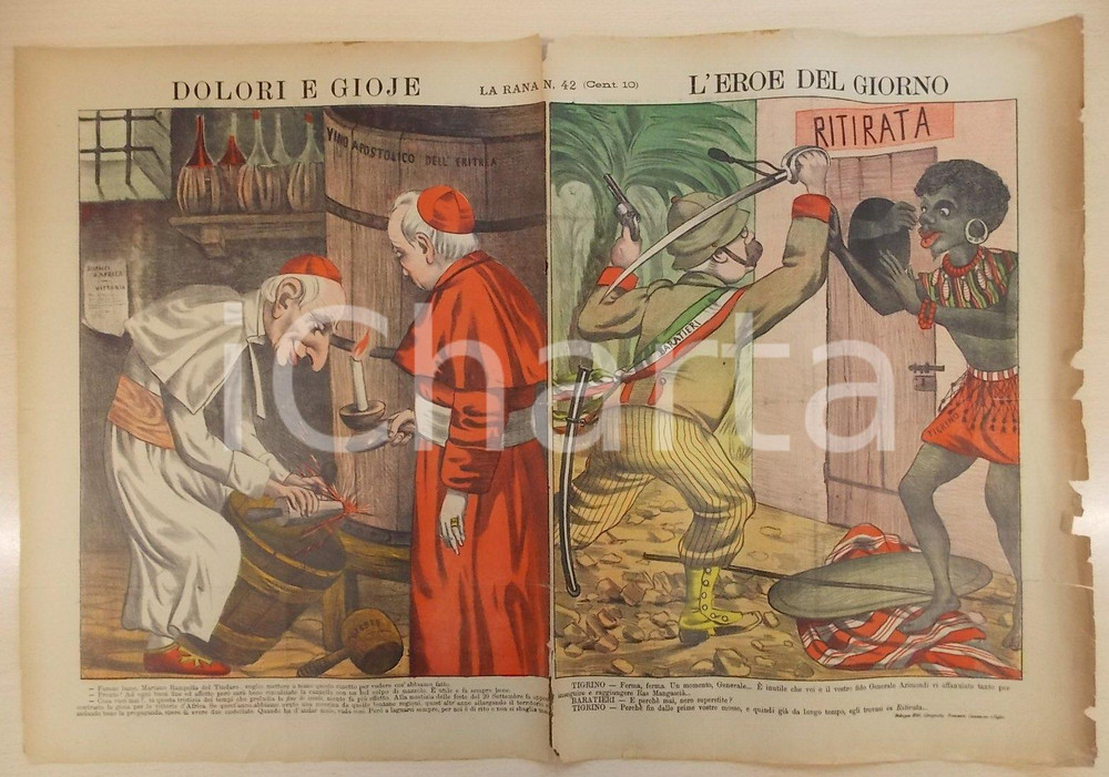 Giornale, rivista storica 1895 BOLOGNA Settimanale LA RANA Dolori gioie BARATIERI eroe del giorno Satirico 1
