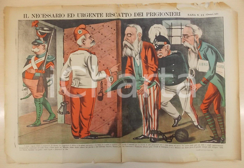 Giornale, rivista storica 1896 BOLOGNA Settimanale LA RANA Necessario riscatto dei prigionieri SATIRICO 1