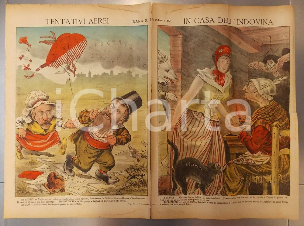 Giornale, rivista storica 1893 BOLOGNA Settimanale LA RANA La FRANCIA in casa dell indovina Satirico 1