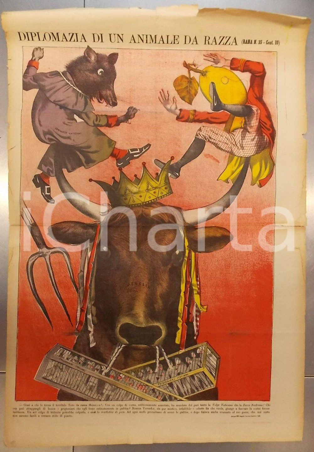 Giornale, rivista storica 1896 BOLOGNA Settimanale LA RANA Diplomazia di animale da razza MENELIK Satirico 1