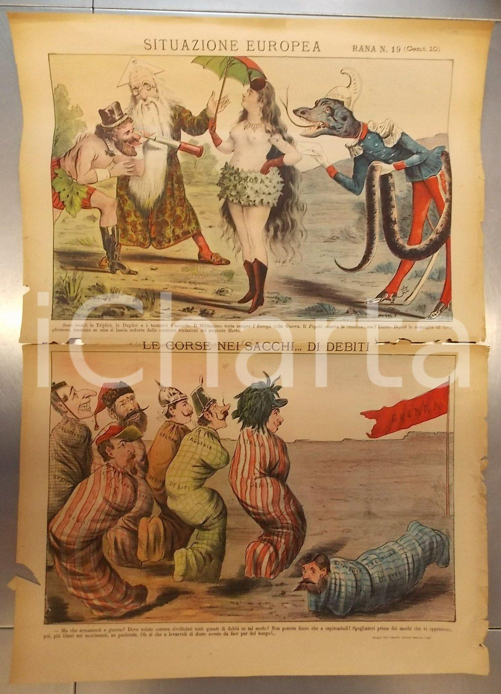 Giornale, rivista storica 1892 BOLOGNA Settimanale LA RANA Situazione dell EUROPA nuda Satirico 1