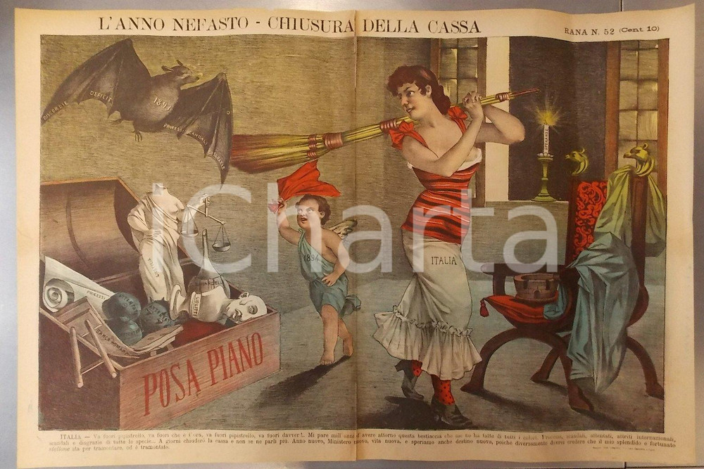 Giornale, rivista storica 1893 BOLOGNA Settimanale LA RANA L ITALIA chiude l anno nefasto Satirico 1