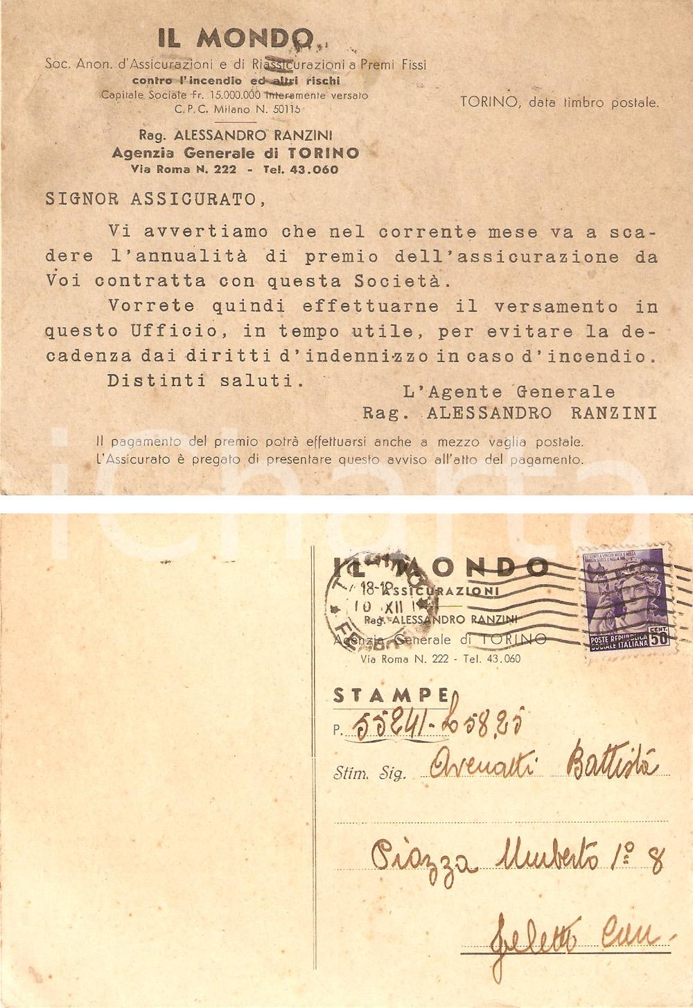 Documento originale, autentico 1944 TORINO Assicurazioni IL MONDO comunicano scadenza premio Francobollo RSI 1