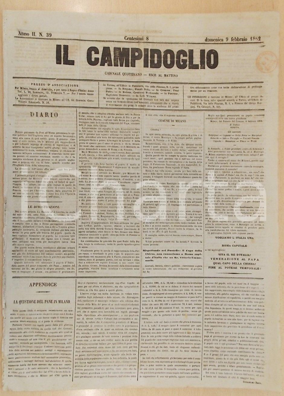 Giornale, rivista storica 1862 MILANO Giornale IL CAMPIDOGLIO Vogliamo l ITALIA una e ROMA Capitale! 1