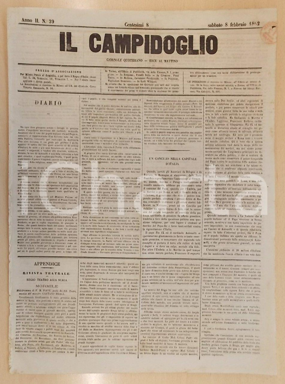 Giornale, rivista storica 1862 MILANO Giornale IL CAMPIDOGLIO Un Concilio nella Capitale d ITALIA 1