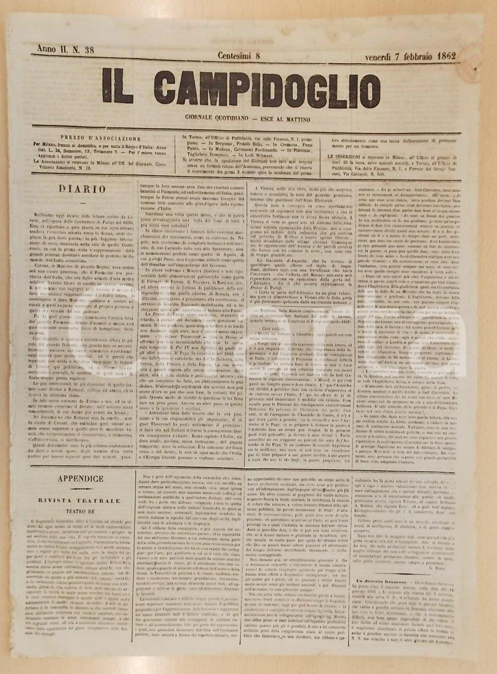 Giornale, rivista storica 1862 MILANO Giornale IL CAMPIDOGLIO Nessuna rivalitÃ  tra RATTAZZI e CAVOUR 1