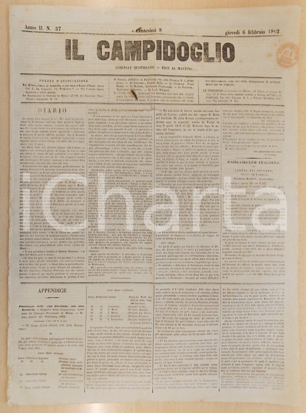 Giornale, rivista storica 1862 MILANO Giornale IL CAMPIDOGLIO Passaggio ALPI ELVETICHE con la ferrovia 1