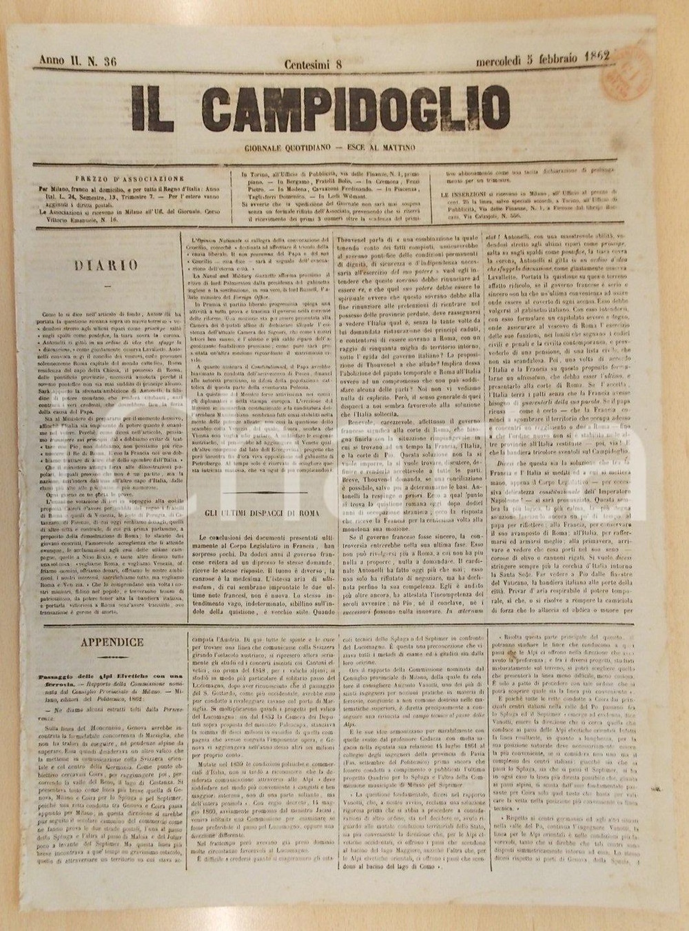Giornale, rivista storica 1862 MILANO Giornale IL CAMPIDOGLIO Passaggio ALPI ELVETICHE con una ferrovia 1