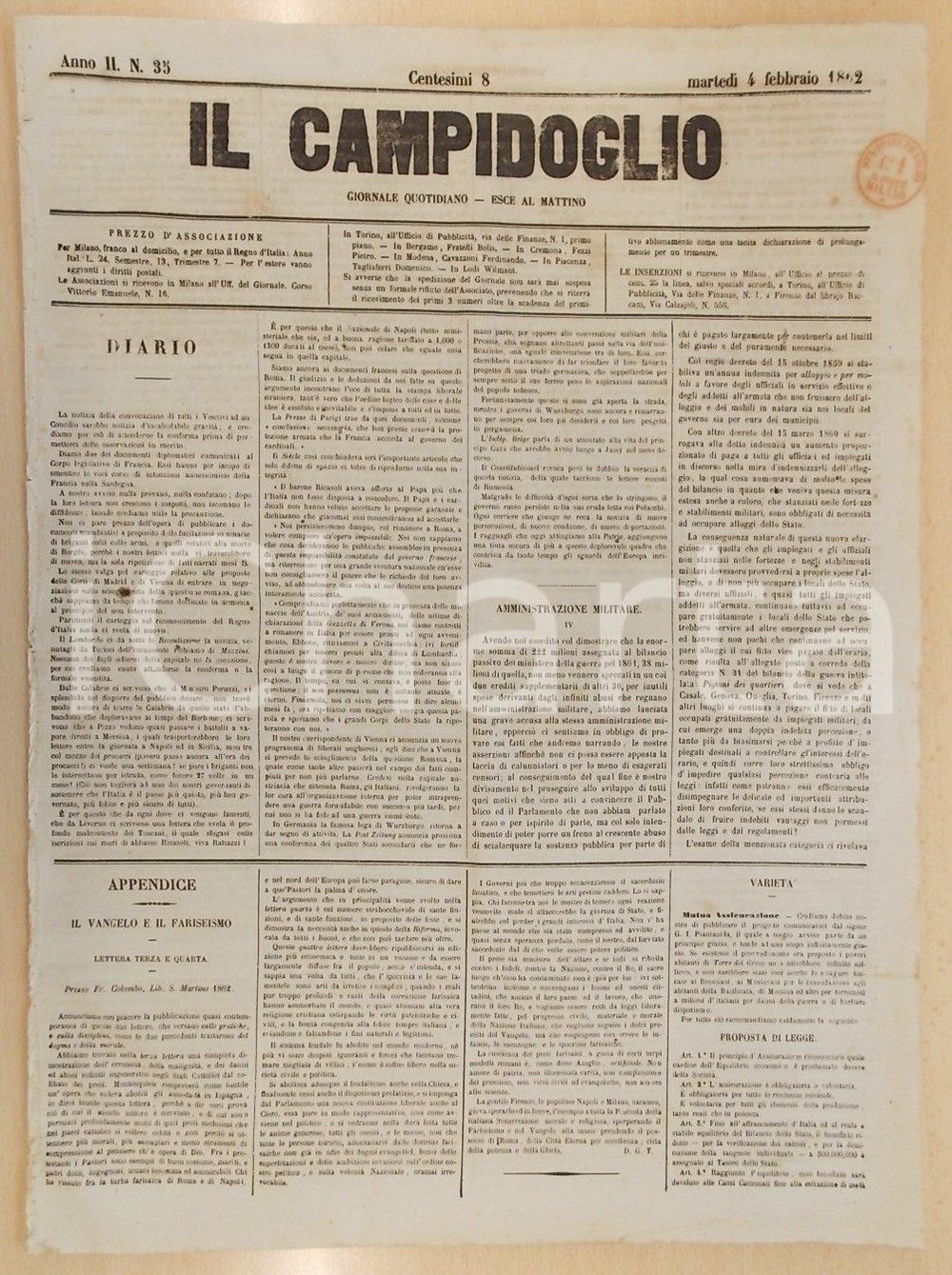 Giornale, rivista storica 1862 MILANO Giornale IL CAMPIDOGLIO Amministrazione militare accusata di sprechi 1