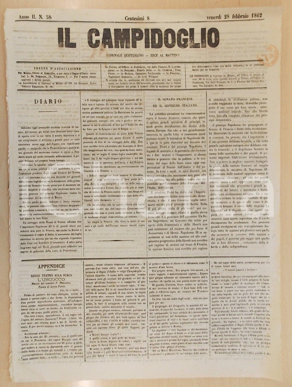 Giornale, rivista storica 1862 MILANO Giornale IL CAMPIDOGLIO Senato Francese e Governo Italiano 1