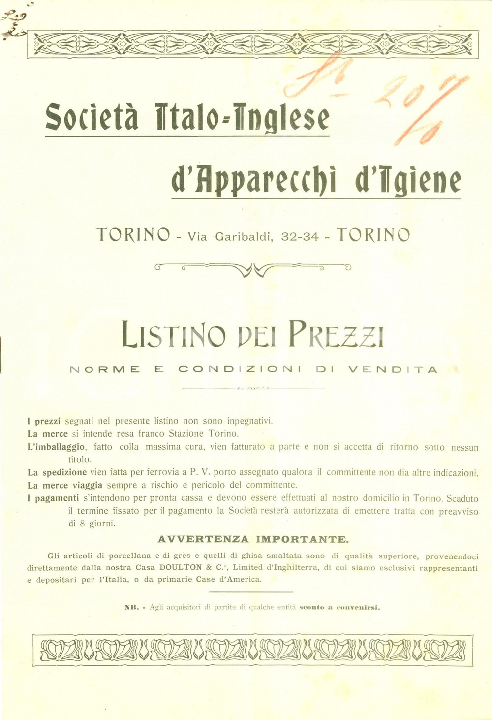 Documento originale, autentico 1920 ca TORINO Società ItaloInglese d Apparecchi d Igiene  Listino prezzi 1