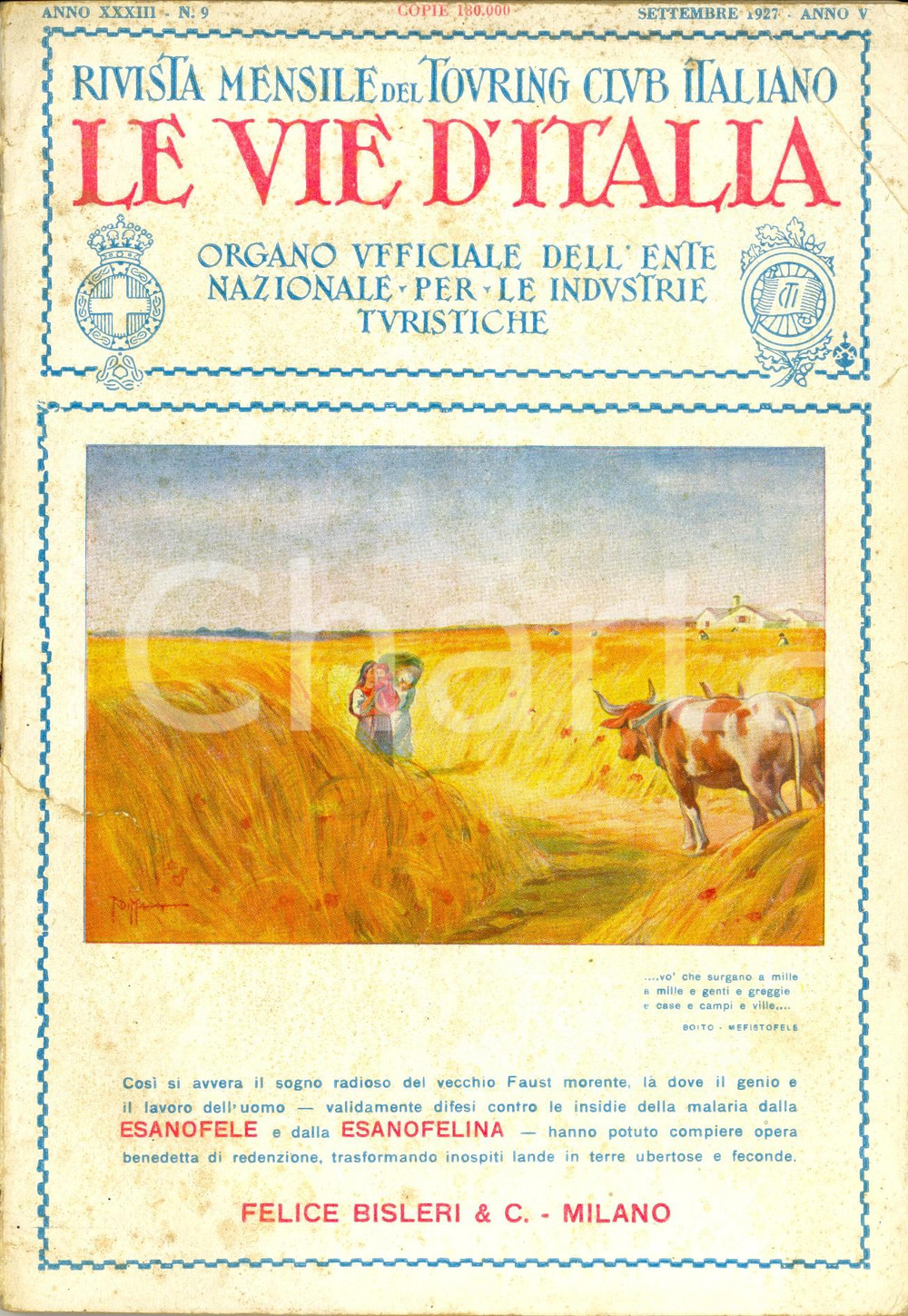 1927 LE VIE D'ITALIA TCI Colloquio col portiere di casa LEOPARDI Anno XXXIII nÂ°9 DATA: Settembre 1927LUOGO: MILANOTITOLO: LE VIE D'ITALIA - RIVISTA MENSILE DEL TOURING CLUB ITALIANO E ORGANO UFFICIALE DELL'ENTE NAZIONALE PER LE INDUSTRIE TURISTICHE  Anno XXXIII n. 9  DESCRIZIONE: Rivista di viaggi d'epoca. All'interno, un articolo di Giovanni Bertacchi su una visita alla casa di Giacomo Leopardi.Numerose illustrazioni e pubblicit&agrave; d'epoca all'interno.  EDITORE: Touring Club Italiano - Milano  PAGINE: 152  FORMATO: cm 17 x 24  CONDIZIONI: mediocri (strappi al dorso; macchie diffuse alle brossure e alle pagine; profonda piega all'angolo superiore destro della copertina anteriore; strappo al margine superiore della copertina posteriore).  Rivista d'epoca, originale, autentica.     originale e autentica 1