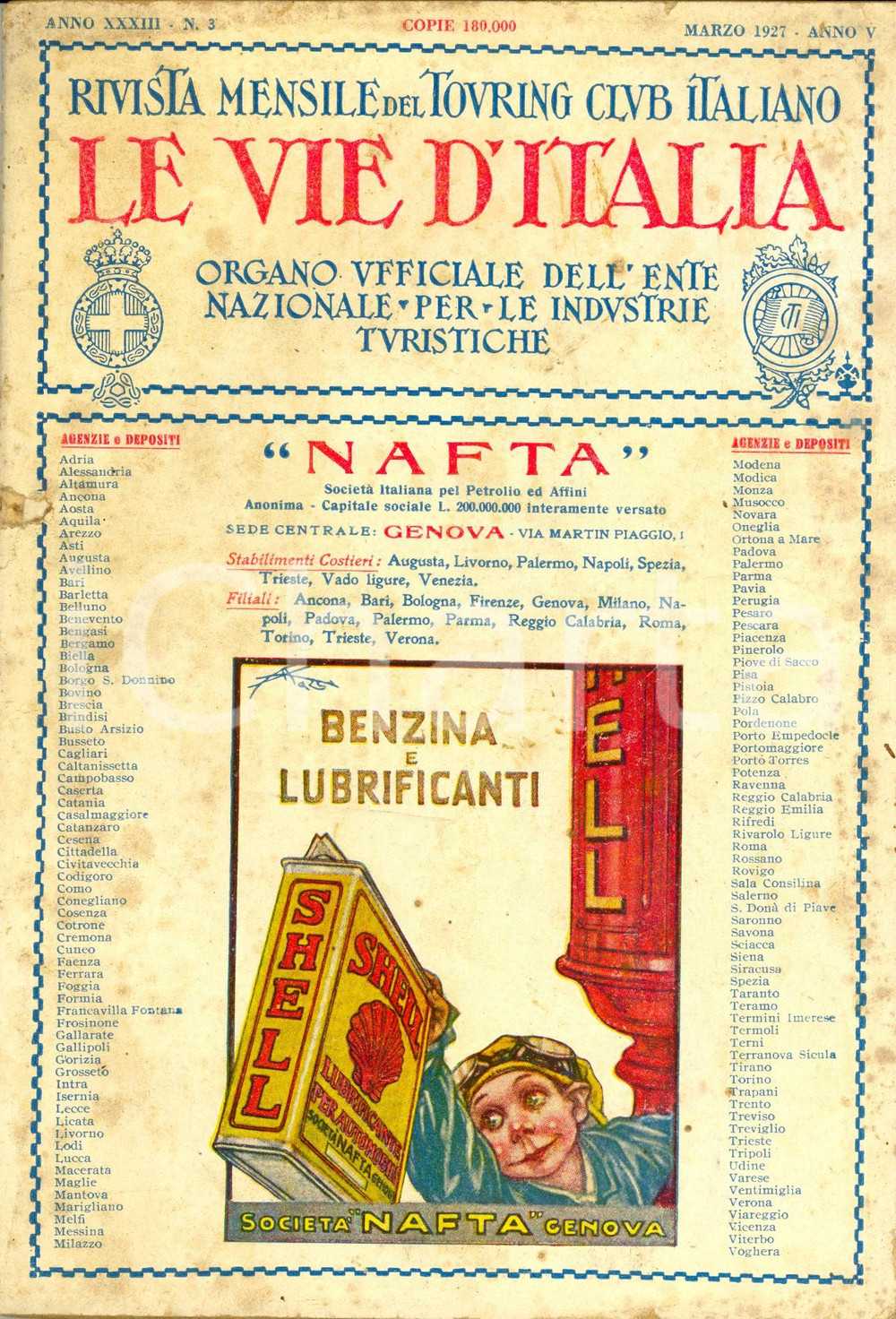 1927 LE VIE D'ITALIA TCI Galleria Giorgio FRANCHETTI a CÃ  d'Oro *Anno XXXIII nÂ°3 DATA: Marzo 1927LUOGO: MILANOTITOLO: LE VIE D'ITALIA - RIVISTA MENSILE DEL TOURING CLUB ITALIANO E ORGANO UFFICIALE DELL'ENTE NAZIONALE PER LE INDUSTRIE TURISTICHE  Anno XXXIII n. 3  DESCRIZIONE: Rivista di viaggi d'epoca. All'interno, un articolo di Elio Zorzi sulla Galleria Giorgio Franchetti alla C&agrave; d'Oro di Venezia.Numerose illustrazioni e pubblicit&agrave; d'epoca all'interno.  EDITORE: Touring Club Italiano - Milano  PAGINE: 140  FORMATO: cm 17 x 24  CONDIZIONI: mediocri (strappi al dorso e alla brossura; macchie diffuse alle brossure).  Rivista d'epoca, originale, autentica.     originale e autentica 1