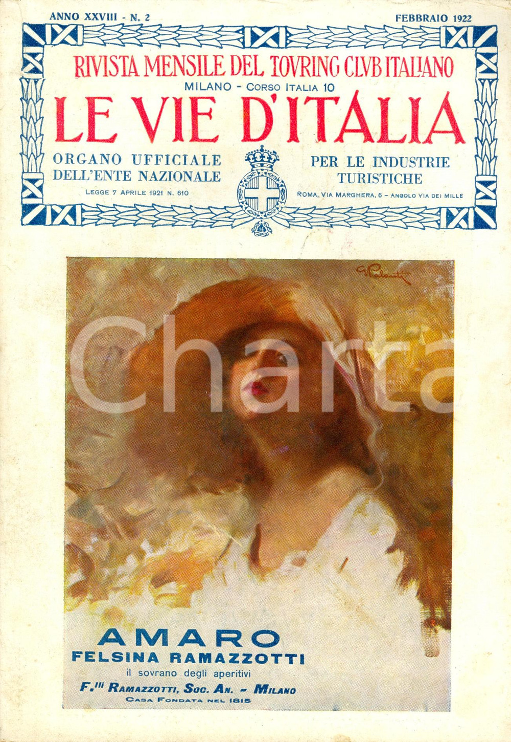 Giornale, rivista storica 1922 LE VIE D ITALIA TCI Hotel COMMODORE di NEW YORK Anno XXVIII nÂ°2 RAMAZZOTTI 1