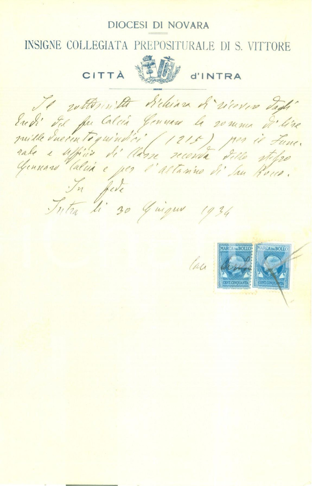 Documento originale, autentico 1934 VERBANIA INTRA Ricevuta per il funerale di Giovanni CALCIA Documento 1