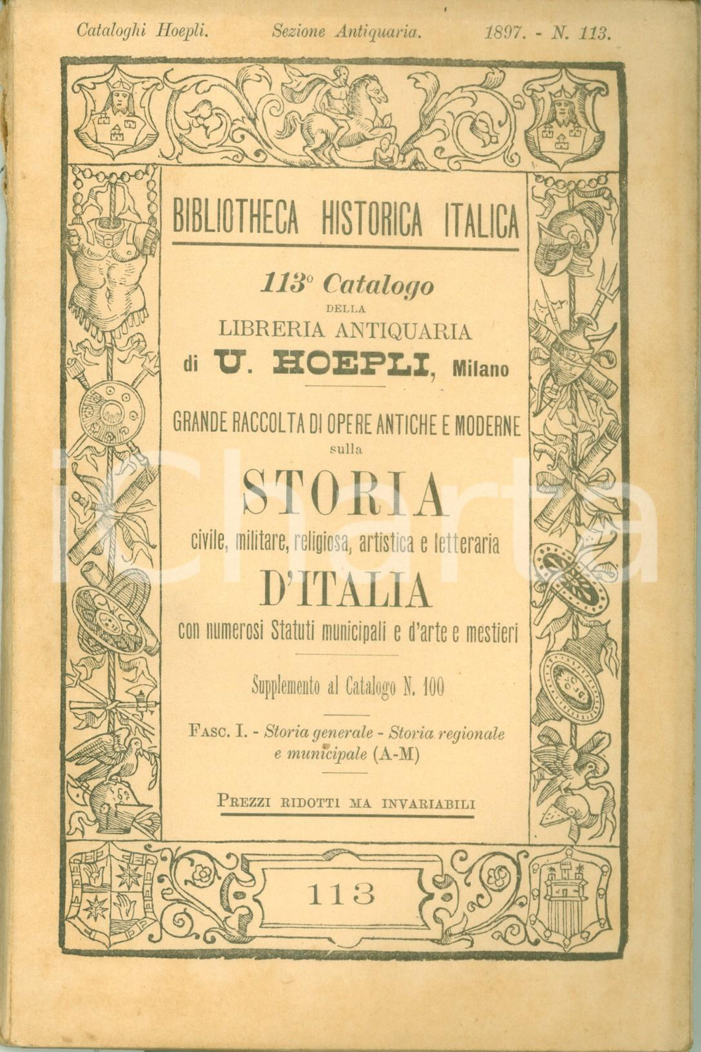 Libro, pubblicazione d epoca 1897 MILANO Libreria antiquaria Ulrico HOEPLI Catalogo 113 Storia d ITALIA 1