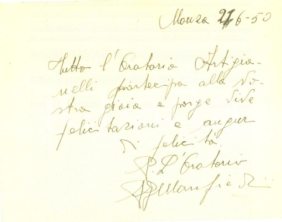 Autografo originale 1950 MONZA Oratorio Artigianelli P. Luigi MANFREDINI augura felicità  AUTOGRAFO 1