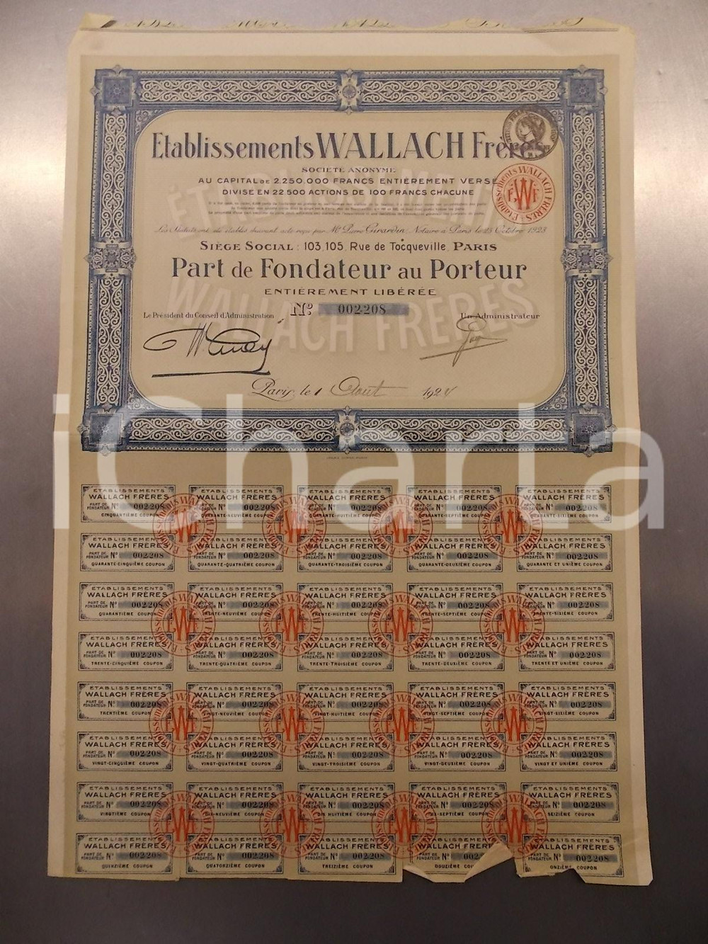 Oggetto da collezione cartaceo 1924 PARIS Etablissements WALLACH FrÃ¨res Certificato azionario al portatore 1