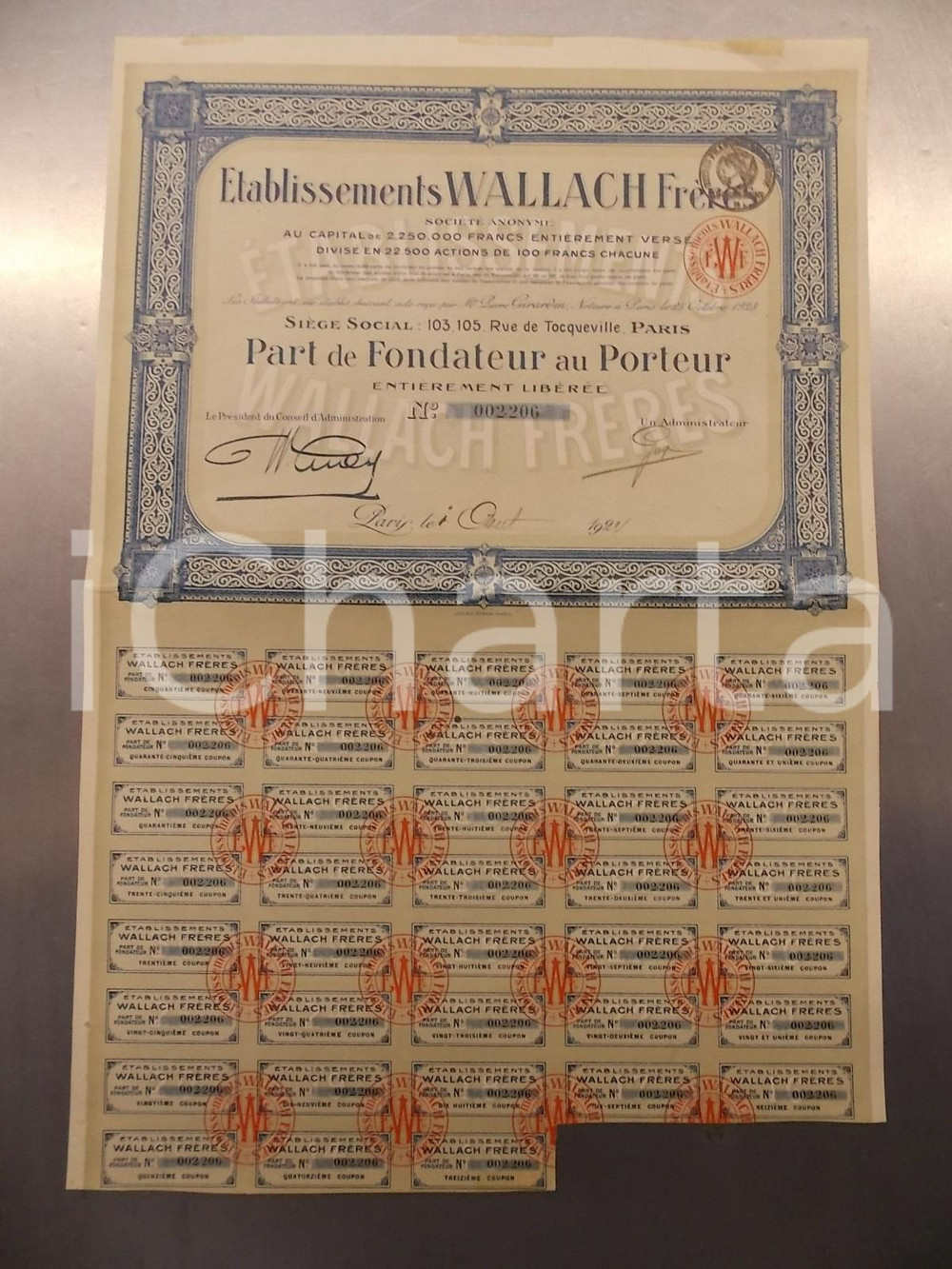 Oggetto da collezione cartaceo 1924 PARIS Etablissements WALLACH FrÃ¨res Certificato al portatore 38 cedole 1