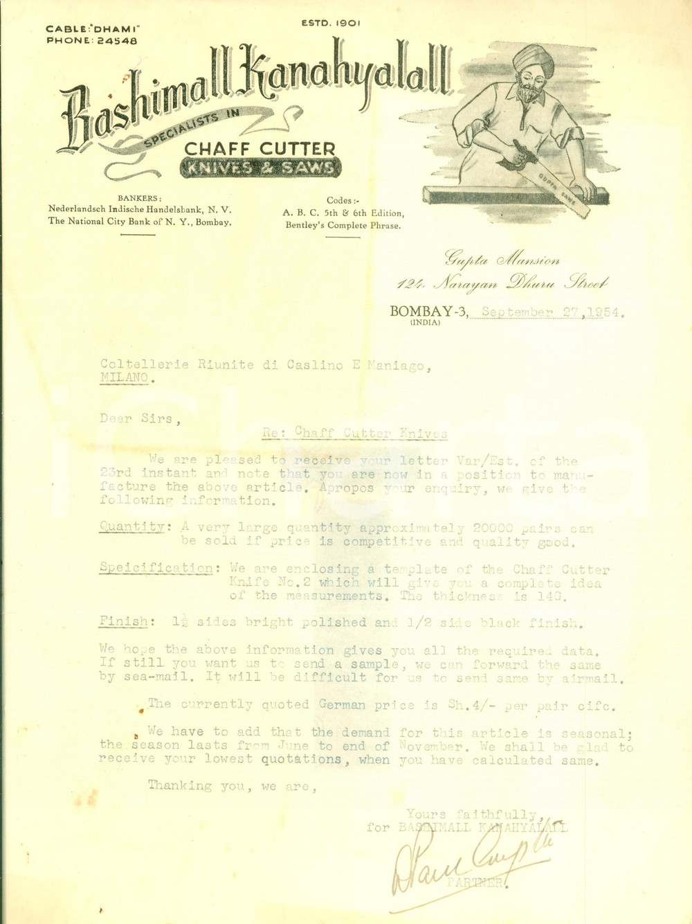 Materiale pubblicitario d’epoca 1954 BOMBAY INDIA Bashimall KANAHYALALL specialists in chaff cutter Lettera 1