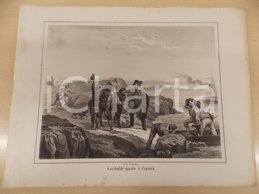 Stampa, bozzetto originale 1861 GUERRA D ITALIA Giuseppe GARIBALDI giunto a CAPRERA Stampa F.lli TERZAGHI 1